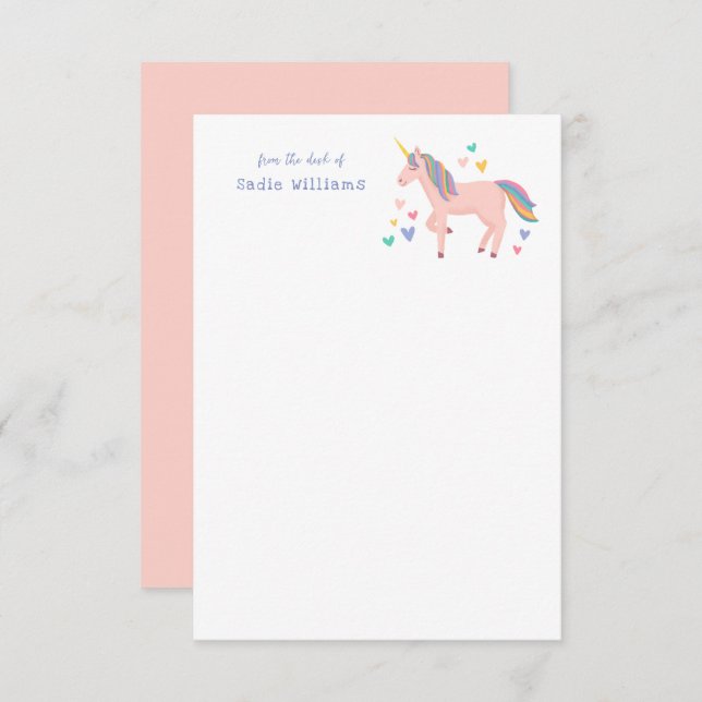 Pink Pastel Rainbow Unicorn Kinder Persönliche Not Dankeskarte (Vorne/Hinten)