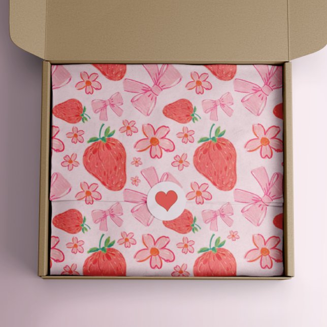 Pink Pastel Strawberry Floral Bow Seidenpapier (strawberry bow ribbon floral valentine tissue gift wrap)