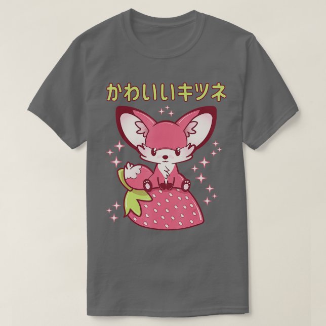 Pink Pastel Strawberry Fox Japanischer Kawaii Pink T-Shirt (Design vorne)