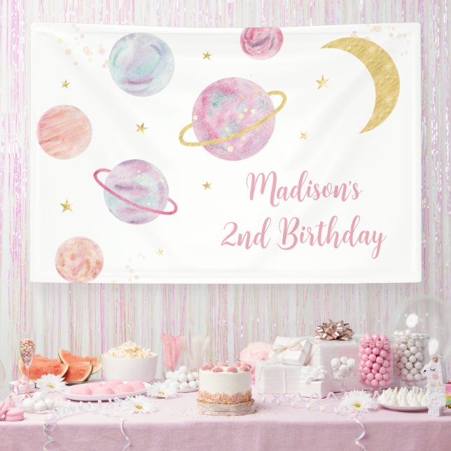 Pink Pastel Two the Moon Space Geburtstag Banner (Party)