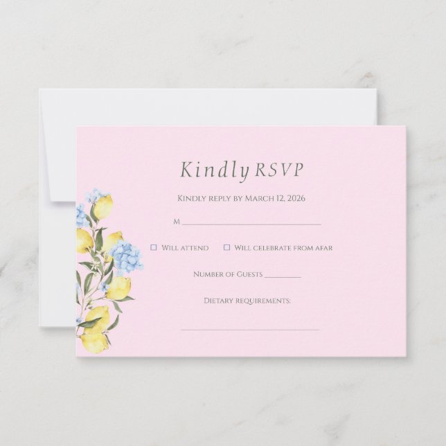 Pink Pastel Watercolor Citrus Wedding RSVP Card (Vorderseite)