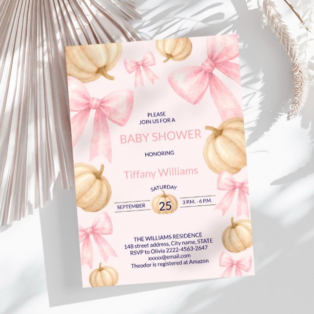 Pink Pastell Watercolor Pumpkin Buganband Einladung (Pink bow little pumpkin girl baby shower invitation )