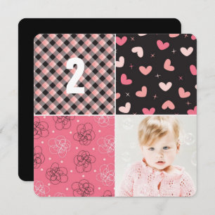 Pink Patchwork Pattern Squares Girl Foto Geburtsta Einladung