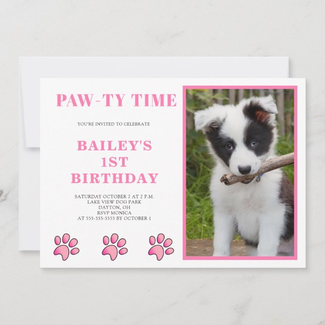 Pink Pawty Time Hund Geburtstag Einladung (Vorderseite)