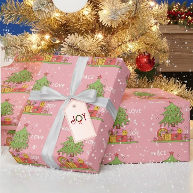 Pink Peace, Liebe & Joy Retro Weihnachtsbaum Geschenkpapier (Von Creator hochgeladen)