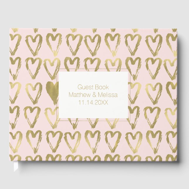 Pink Peach and Gold Hearts Wedding Gästebuch (Vorderseite)