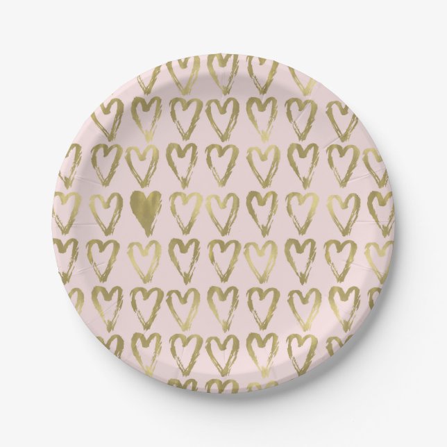 Pink Peach and Gold Hearts Wedding Pappteller (Vorderseite)