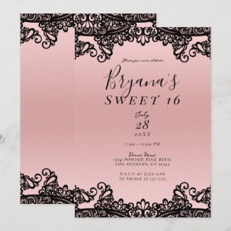 Pink Peach Black Ink Lace Sweet 16 Party Einladung