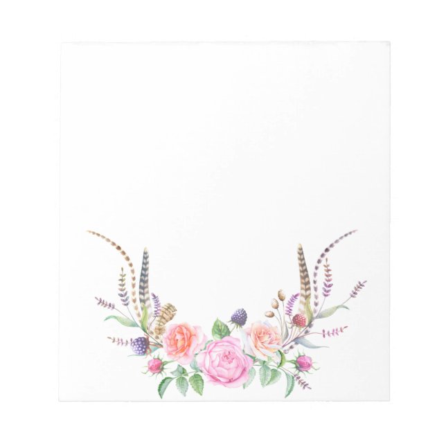 Pink Peach Blue Floral Berries Feathers Notizblock (Vorderseite)