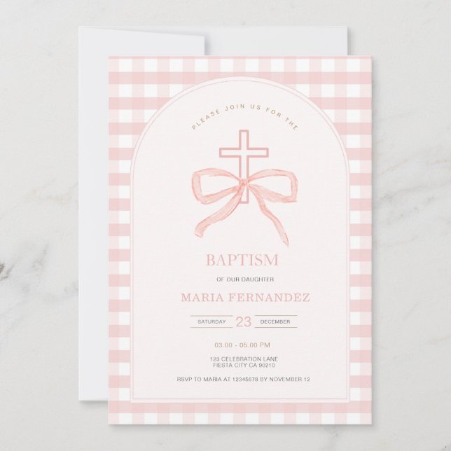 Pink Peach Bow Coquette Christening Einladung (Vorderseite)