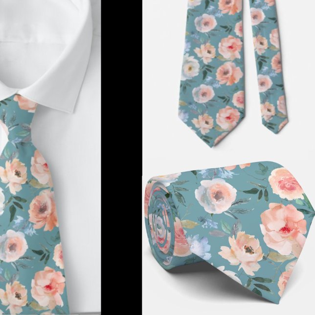 Pink Peach Dusty Light Blue Rose Floral Neck Tie Krawatte (Von Creator hochgeladen)