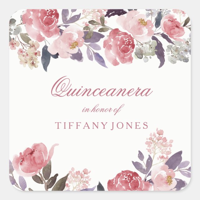 Pink Peach Floral Aquarell Quinceanera Party Quadratischer Aufkleber (Vorderseite)