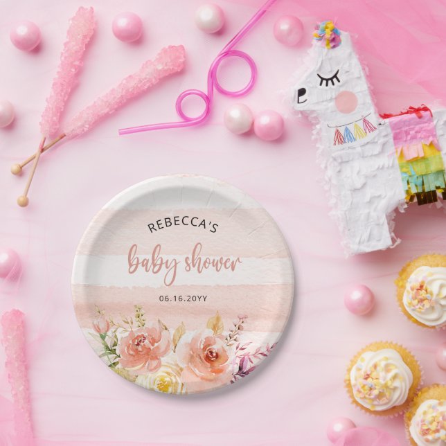 Pink & Peach Floral Baby Dusche Papiere Teller (Party)