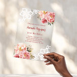 Pink peach floral Geburtstag Acryleinladungen<br><div class="desc">Für eine elegante Meilenstein Geburtstagsfeier (jedes Alter). Ein transparenter Hintergrund mit rosa und pfirsichfarbenen Blumen,  Rose und Spitzen. Personalisieren Sie Ihren Namen und Ihre Party-Daten und fügen Sie diese hinzu.</div>
