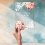 Pink peach floral Geburtstag Acryleinladungen<br><div class="desc">Für eine elegante Meilenstein Geburtstagsfeier (jedes Alter). Ein transparenter Hintergrund mit rosa und pfirsichfarbenen Blumen,  Rose und Spitzen. Personalisieren Sie Ihren Namen und Ihre Party-Daten und fügen Sie diese hinzu.</div>
