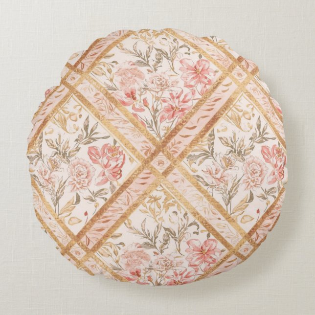 Pink Peach Florals Flowers Pattern and Ribbon Rundes Kissen (Vorderseite)