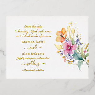 Pink Peach Gelbe Blüten Save the Date Foil Card Folie Einladungspostkarte