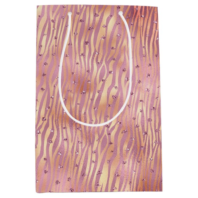 Pink Peach Glitzy Glitzern Sparkle Zebra Print Mittlere Geschenktüte (Vorderseite)