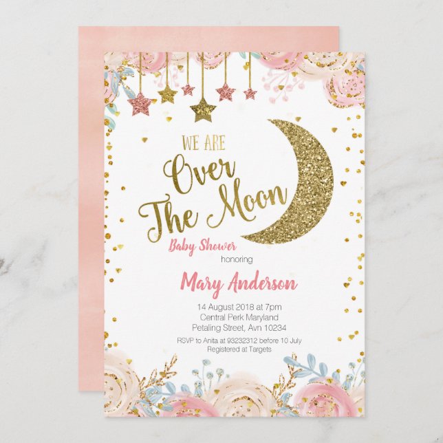Pink Peach Gold Moon Kinderdusche für Mädchen Einladung (Vorne/Hinten)