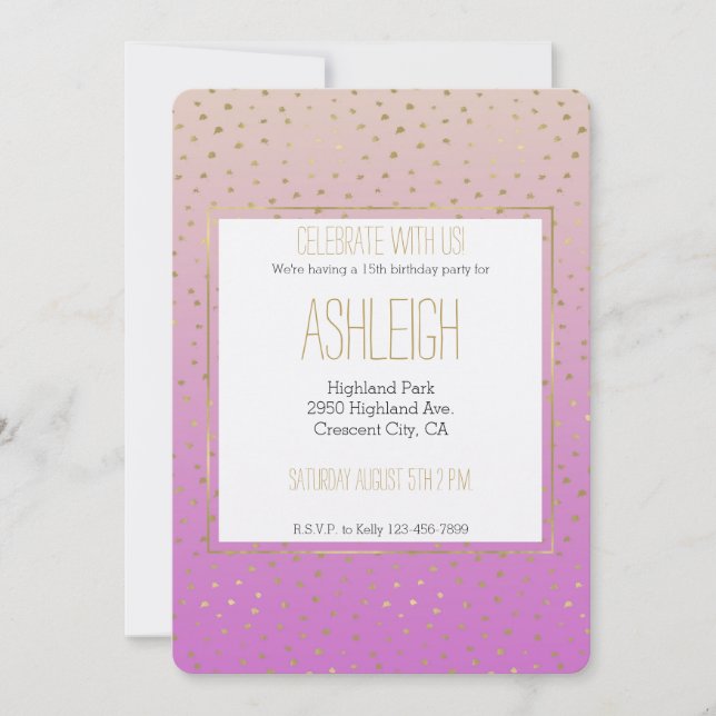 Pink Peach Gold Ombre Confetti Dots Geburtstag Einladung (Vorderseite)