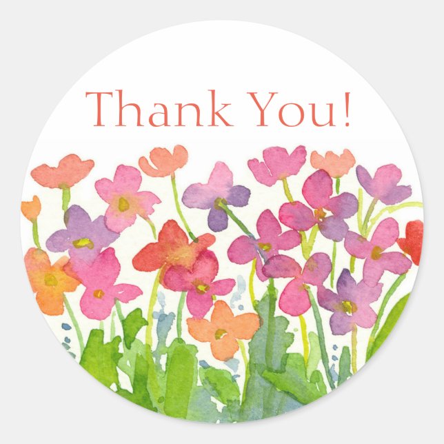 Pink Peach Lila Watercolor Blume Danke Runder Aufkleber (Vorderseite)