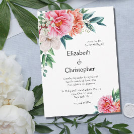 Pink Peach Peonies Floral Eukalyptus Wedding Einladung