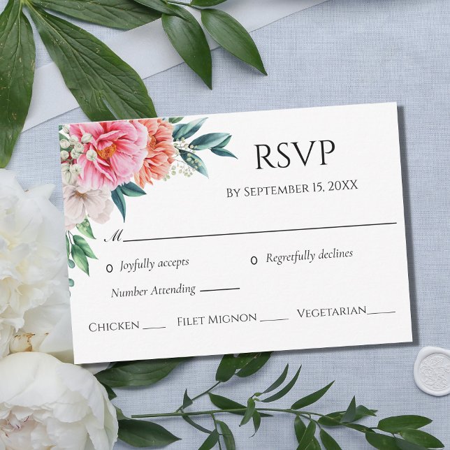 Pink Peach Peonies Floral Eukalyptus Wedding RSVP Karte (Von Creator hochgeladen)