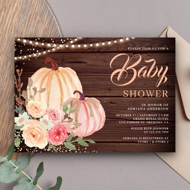 Pink Peach Pumpkin Floral Barn Wood Baby Dusche Einladung (Von Creator hochgeladen)