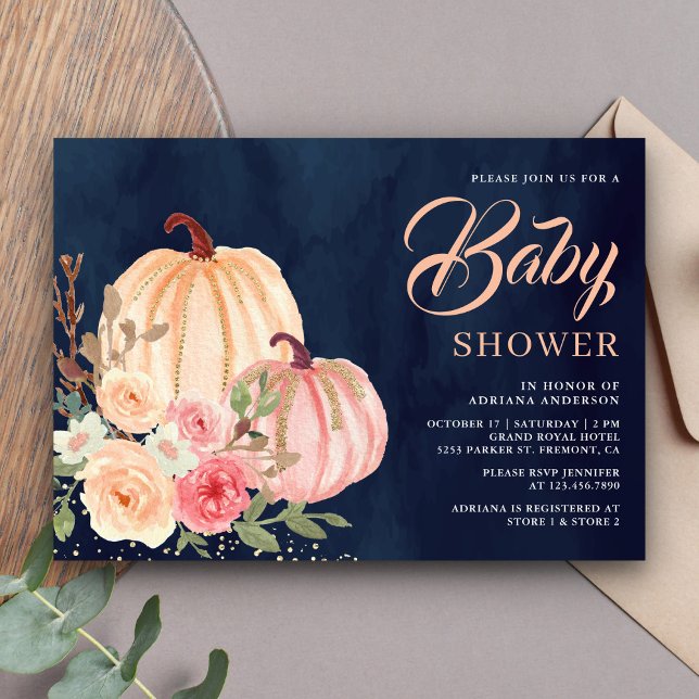 Pink Peach Pumpkin Floral Navy Blue Baby Dusche Einladung (Von Creator hochgeladen)