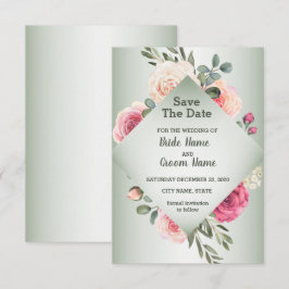 Pink Peach Roses Rustic Green Geometric Save The Date