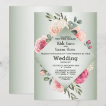 Pink Peach Roses Rustic Green Geometric Wedding