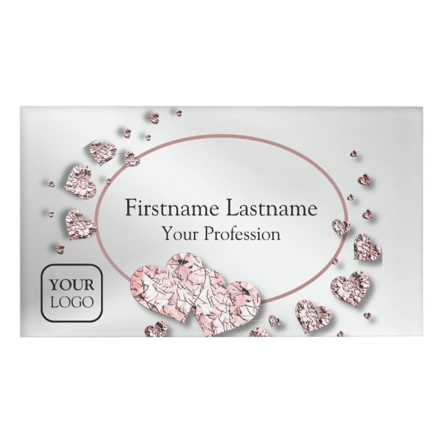 Pink Peach Shiny Hearts Geometrisches Elegant Namenschild (Vorderseite)