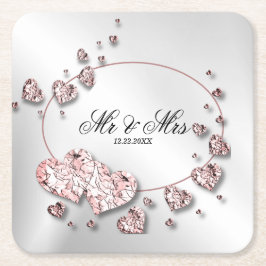 Pink Peach Shiny Hearts Geometrisches Elegant Rechteckiger Pappuntersetzer