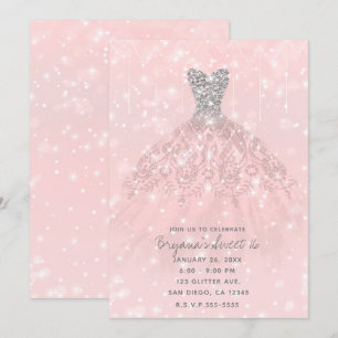 Pink Peach Silver Glitzer Sparkle Dress Sweet 16 Einladung