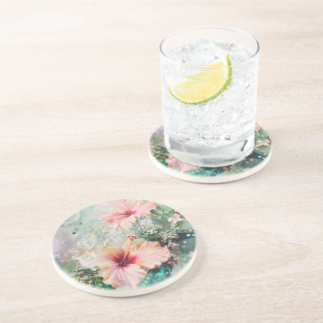 Pink Peach Tropical Hibiskus Floral Geburtstag Getränkeuntersetzer (Seite)