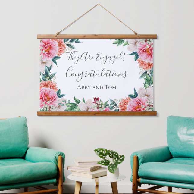 Pink Peach White Floral Peel Verlobung Banner Wandteppich Mit Holzrahmen (Wohnzimmer)