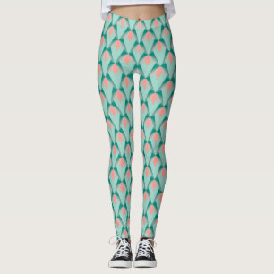 Pink Peach Yukka und Green Art Deco Muster Leggings