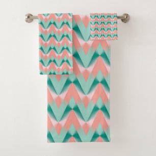 Pink Peach Yukka und Green ZigZag Muster Badhandtuch Set