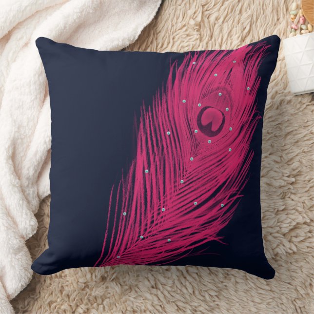Pink Peacock Feather Navy Fast Black Kissen (Decke)