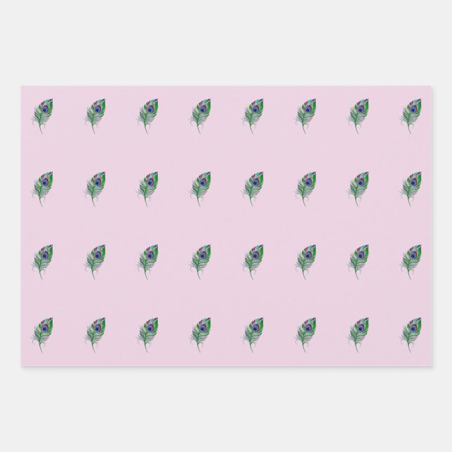 Pink Peacock Feather Wrapping Paper Geschenkpapier Set (Vorderseite)