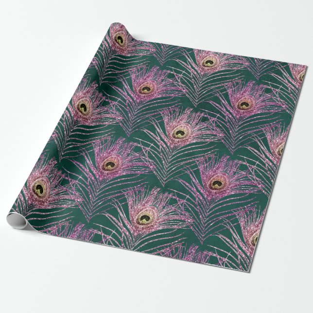 Pink Peacock Feathers on Green Geschenkpapier (Ungerollt)