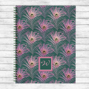 Pink Peacock Feathers und Monogram on Deep Green Notizbuch