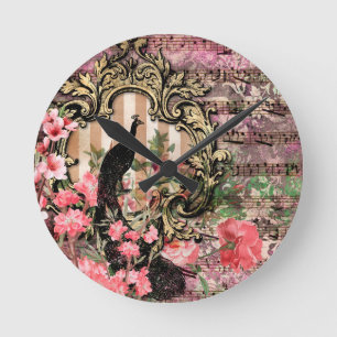 Pink Peacocks Peacock Französisch Acrylic Wall Clo Runde Wanduhr