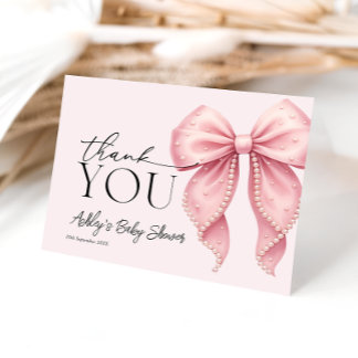 Pink Pearl Bow Baby Shower Thank You Card Dankeskarte