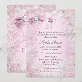 Pink Pearl Bow Cross Heilige Kommunion oder Taufe Einladung