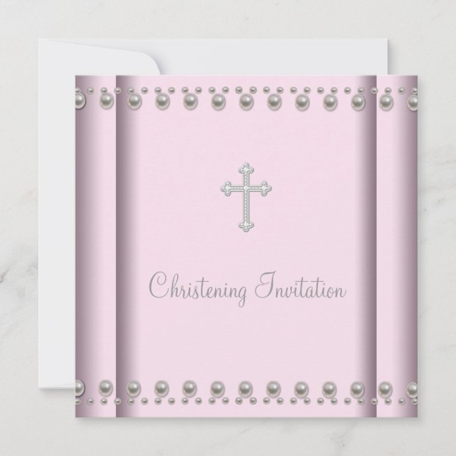Pink Pearl Cross Baby Christening Einladung (Vorderseite)