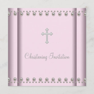 Pink Pearl Cross Baby Christening Einladung