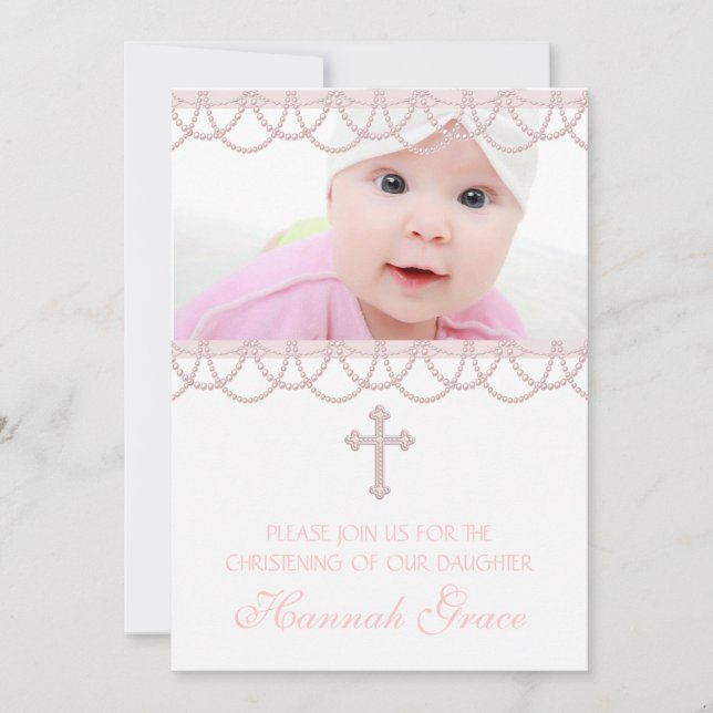 Pink Pearl Cross Baby Girl Foto Christening Einladung (Vorderseite)