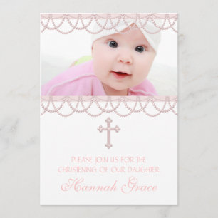 Pink Pearl Cross Baby Girl Foto Christening Einladung