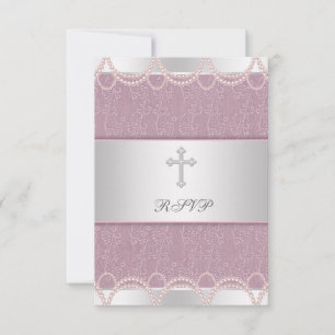 Pink Pearl Cross Baby Girl Taufe Christening RSV RSVP Karte
